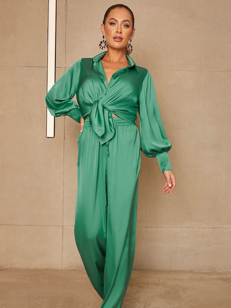 Chi Chi London Green Satin Wide Leg Elasticated Waist Trousers - Image 2 of 10