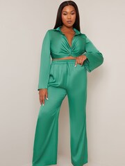 Chi Chi London Green Satin Wide Leg Elasticated Waist Trousers - Image 7 of 10