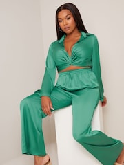 Chi Chi London Green Satin Wide Leg Elasticated Waist Trousers - Image 8 of 10