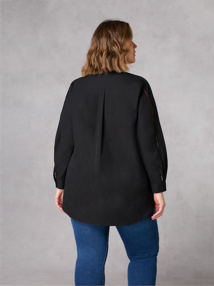 Live Unlimited Black Curve Crochet Trim Longline 100% Cotton Shirt - Image 2 of 4