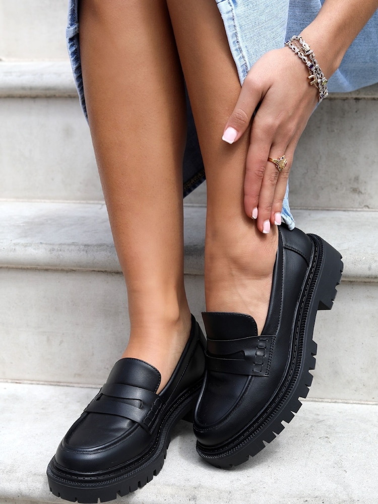 Linzi Black Ivan Black PU Penny Loafers With Chunky Sole - Image 1 of 4 Linzi Black Ivan Black PU Penny Loafers With Chunky Sole - Image 1 of 4