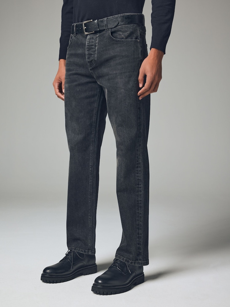 Charcoal Grey Straight Fit Belted Authentic Jeans - Image 1 of 11 Charcoal Grey Straight Fit Belted Authentic Jeans - Image 1 of 11