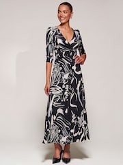 Jolie Moi Black Abstract Ruched Waist Fit & Flare Maxi Dress - Image 1 of 6