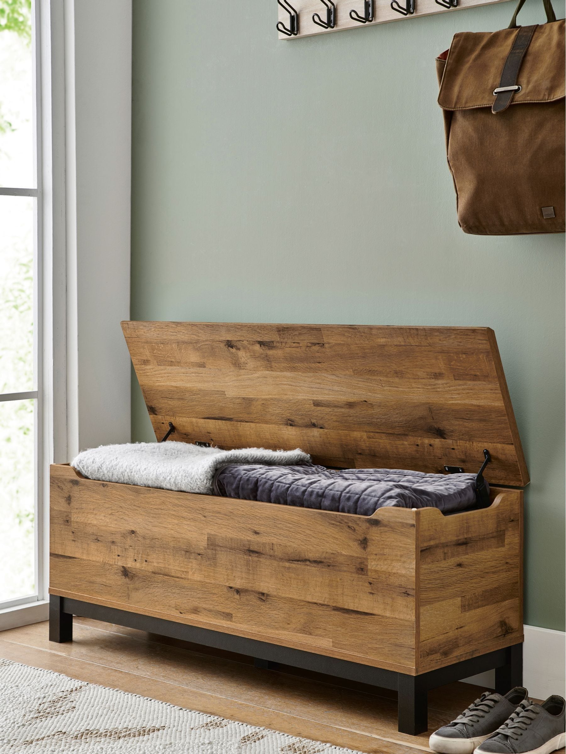 Dark wood storage bench discount