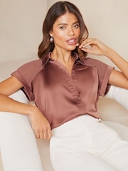Lipsy Pink Satin Shorts Sleeve Button Through Shirt - Image 1 of 4