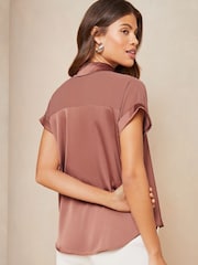Lipsy Pink Satin Shorts Sleeve Button Through Shirt - Image 2 of 4