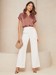 Lipsy Pink Satin Shorts Sleeve Button Through Shirt - Image 3 of 4
