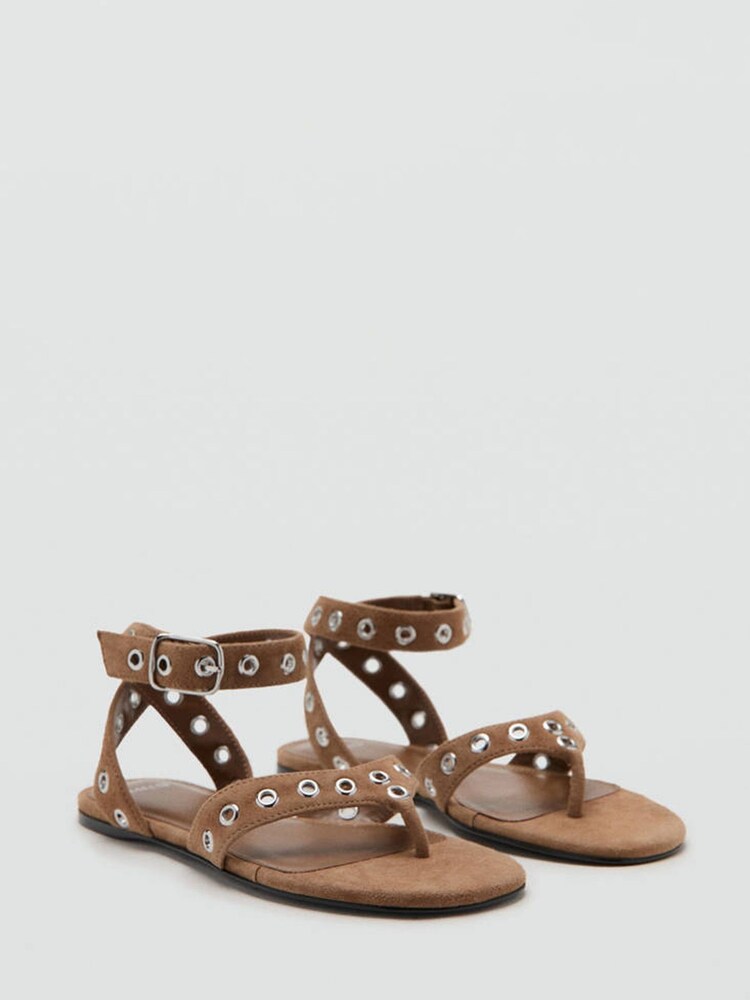 Mango Brown Suede Eyelet Buckle Sandals - Image 2 of 3 Mango Brown Suede Eyelet Buckle Sandals - Image 2 of 3