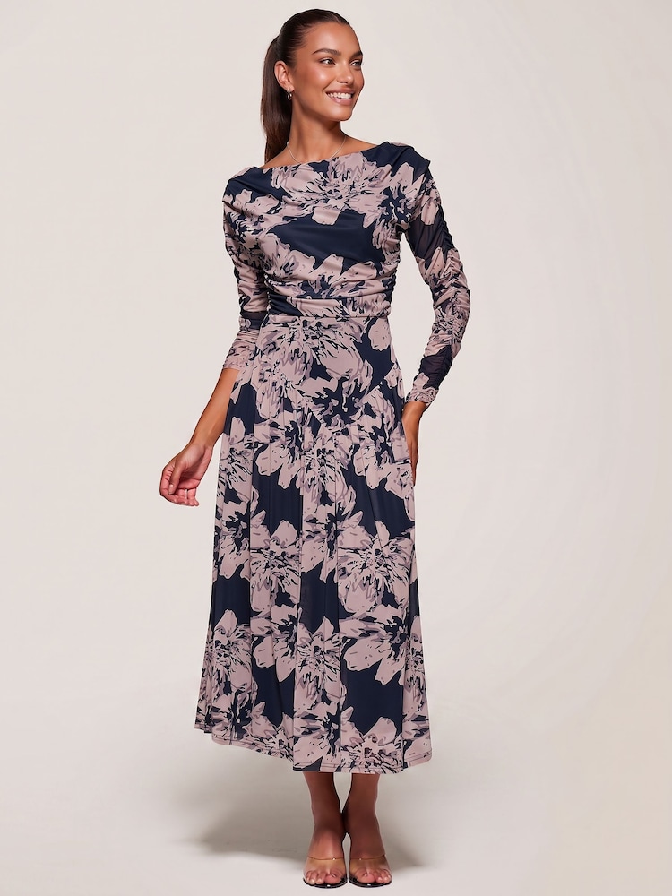 Floral noir - Jolie Moi Robe mi-longue asymétrique en maille froncée - Image 1 de 6
