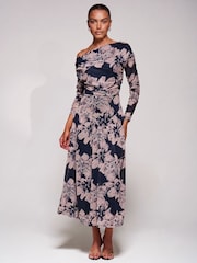 Floral noir - Jolie Moi Robe mi-longue asymétrique en maille froncée - Image 4 de 6