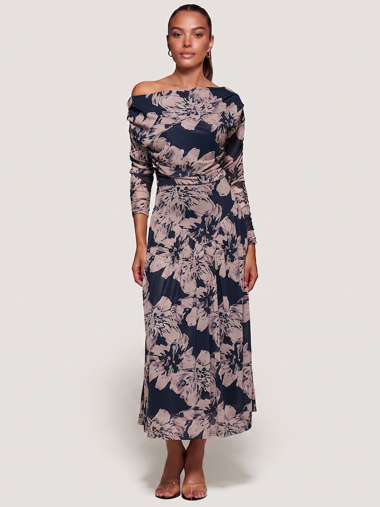 Floral noir - Jolie Moi Robe mi-longue asymétrique en maille froncée - Image 6 de 6