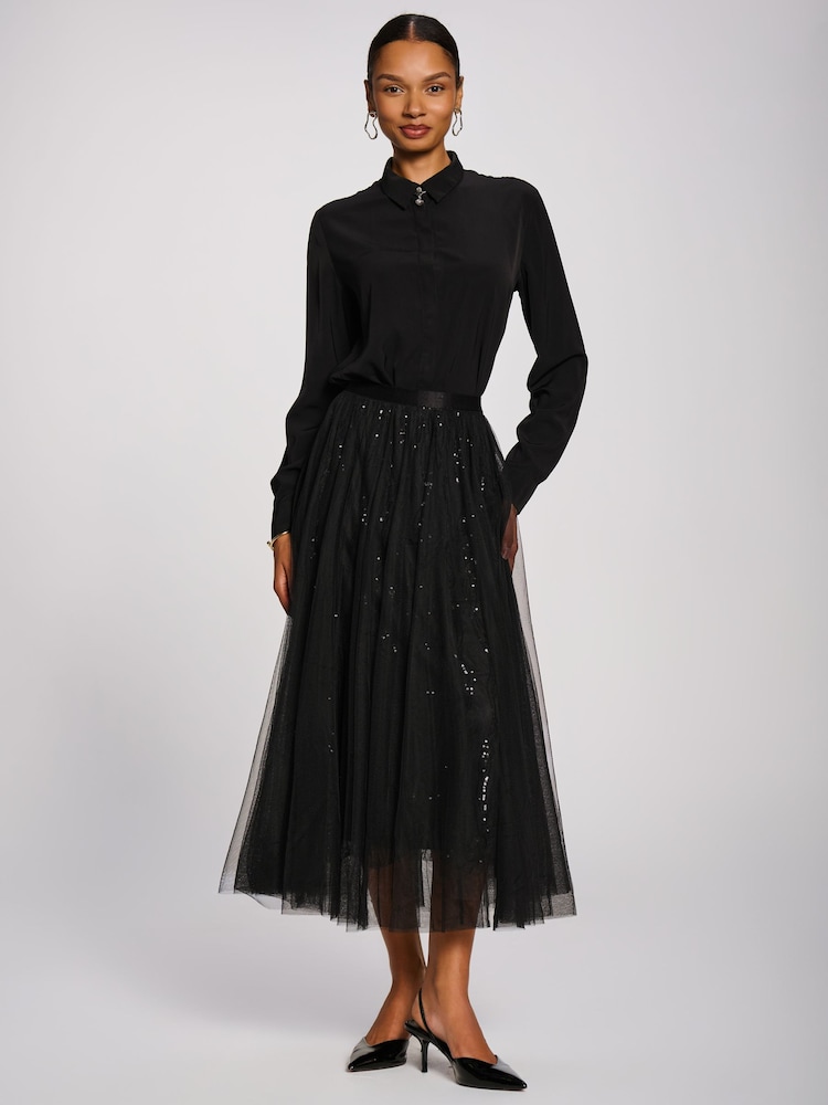 Jolie Moi Black Sequin Mesh Multi Layered Maxi Skirt - Image 1 of 6 Jolie Moi Black Sequin Mesh Multi Layered Maxi Skirt - Image 1 of 6