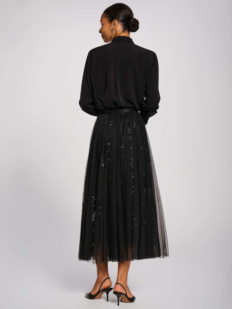 Jolie Moi Black Sequin Mesh Multi Layered Maxi Skirt - Image 2 of 6 Jolie Moi Black Sequin Mesh Multi Layered Maxi Skirt - Image 2 of 6