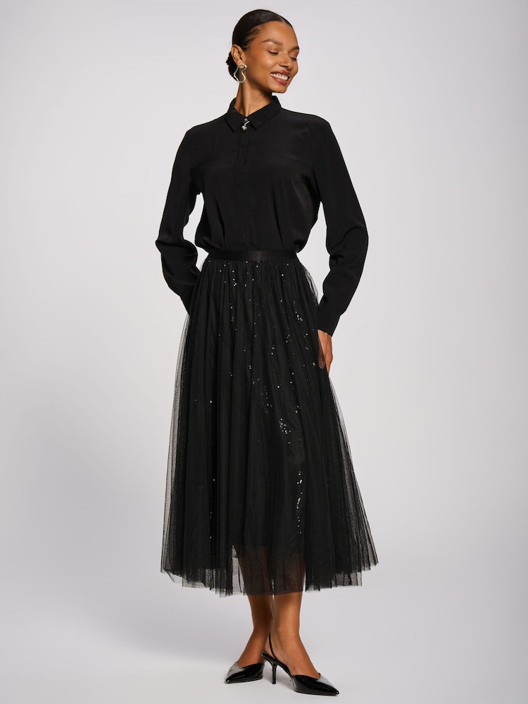 Jolie Moi Black Sequin Mesh Multi Layered Maxi Skirt - Image 6 of 6 Jolie Moi Black Sequin Mesh Multi Layered Maxi Skirt - Image 6 of 6