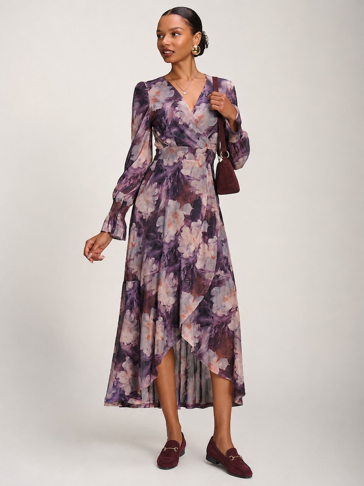 Пурпурный - Jolie Moi Printed Frill Mesh Maxi Dress - Изображение 1 6