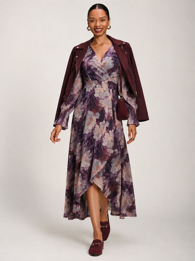 Пурпурный - Jolie Moi Printed Frill Mesh Maxi Dress - Изображение 6 6