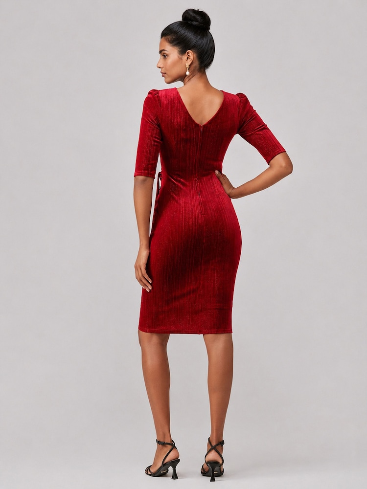 Jolie Moi Red Metallic Velvet Midi Dress - Image 2 of 6 Jolie Moi Red Metallic Velvet Midi Dress - Image 2 of 6