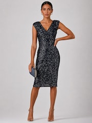 Jolie Moi Blue Sequin Wrap Bodice Shoulder Pad Midi Dress - Image 1 of 6