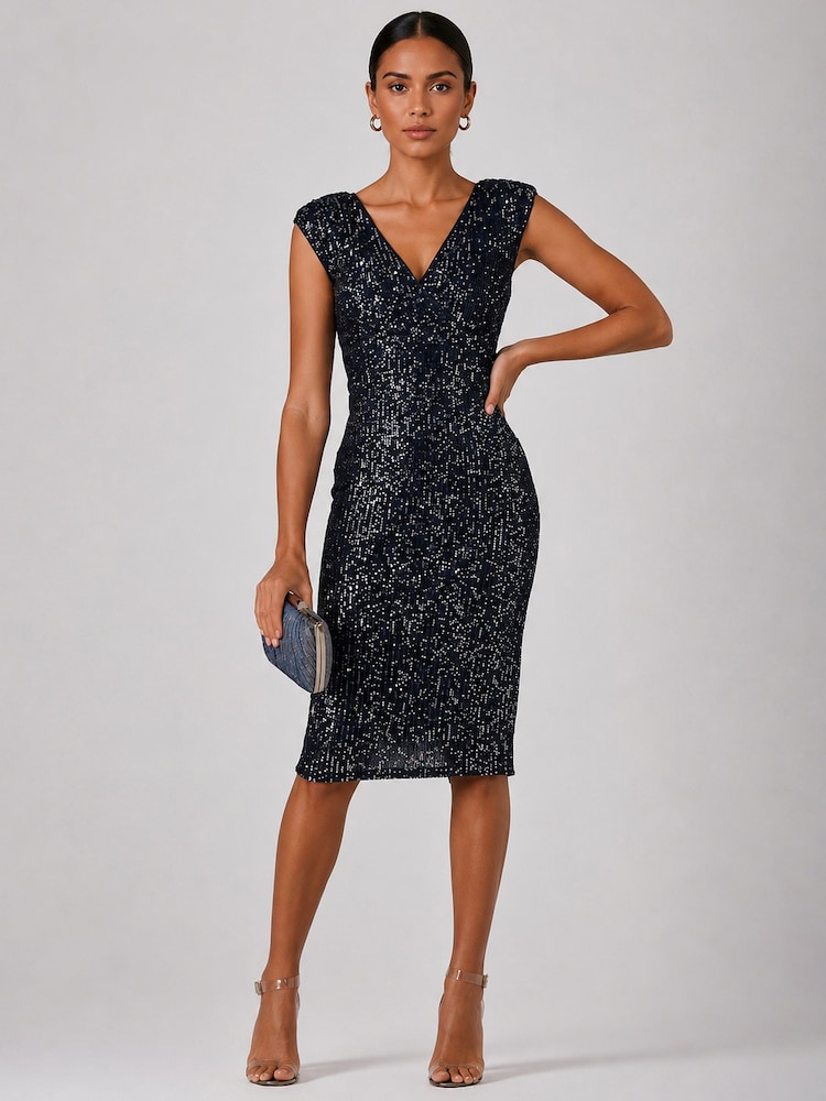 Jolie Moi Blue Sequin Wrap Bodice Shoulder Pad Midi Dress - Image 1 of 6 Jolie Moi Blue Sequin Wrap Bodice Shoulder Pad Midi Dress - Image 1 of 6