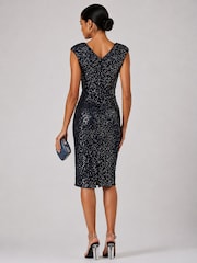 Jolie Moi Blue Sequin Wrap Bodice Shoulder Pad Midi Dress - Image 2 of 6