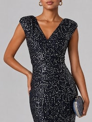 Jolie Moi Blue Sequin Wrap Bodice Shoulder Pad Midi Dress - Image 3 of 6