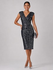 Jolie Moi Blue Sequin Wrap Bodice Shoulder Pad Midi Dress - Image 4 of 6