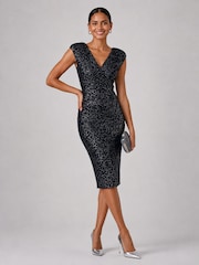 Jolie Moi Blue Sequin Wrap Bodice Shoulder Pad Midi Dress - Image 5 of 6