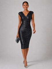 Jolie Moi Blue Sequin Wrap Bodice Shoulder Pad Midi Dress - Image 6 of 6