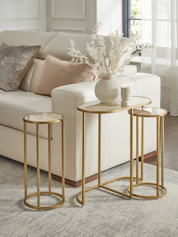 Set of 3 Gold Travertine Effect Nest of Tables - Image 1 of 5