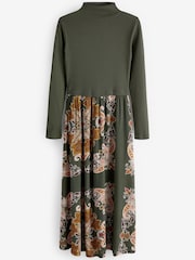 Grün mit Muster - Plissiertes Kleid mit langen Ärmeln - Bild 5 von 6