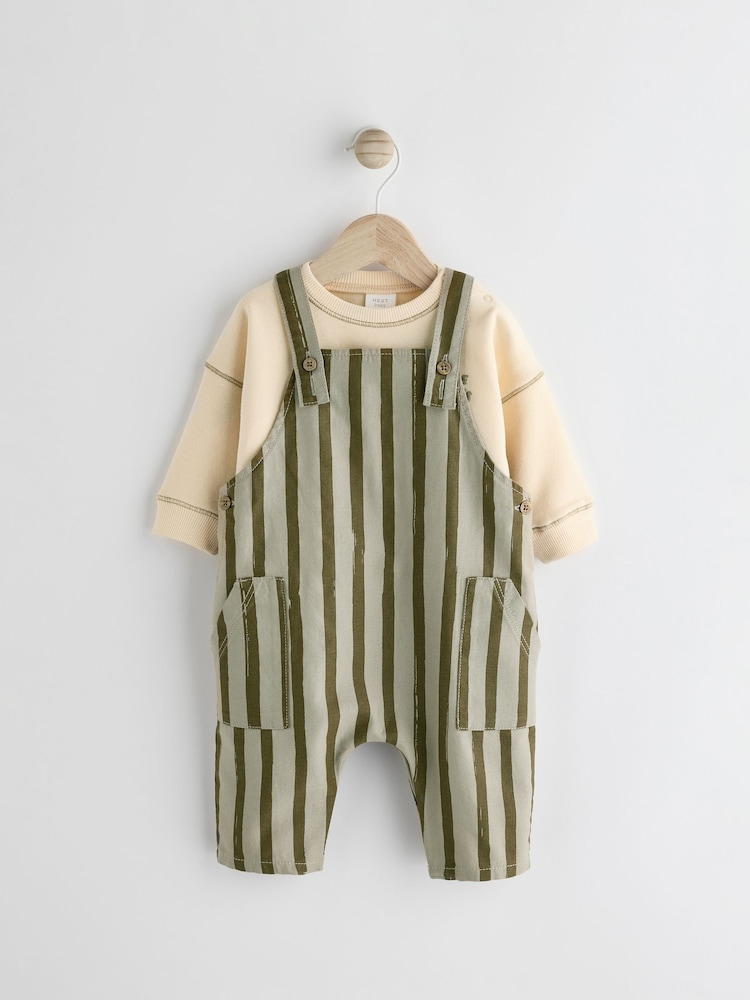 Green Stripe Baby Woven Dungaree and Sweatshirt Set (0mths-2yrs) - Image 1 of 14