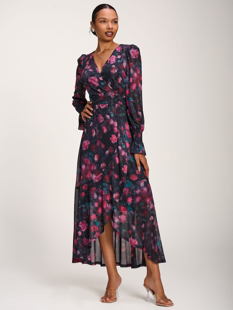 Розовый - Jolie Moi Printed Frill Mesh Maxi Dress - Изображение 6 6