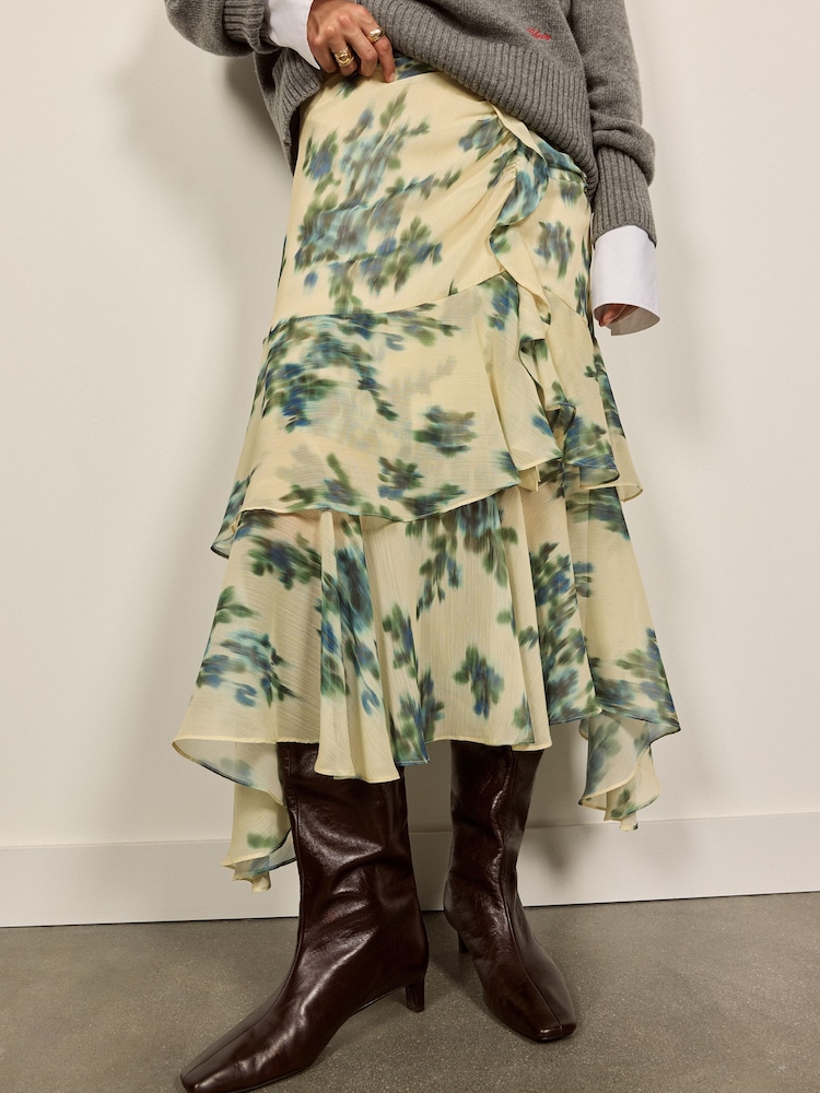 BHOEM Cream Floral Ruffle Midi Skirt - Image 1 of 5 BHOEM Cream Floral Ruffle Midi Skirt - Image 1 of 5