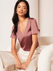 Lipsy Pink V Neck Diamante Trim Flutter Sleeve Blouse - Image 1 of 4