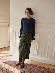 BHOEM Khaki Green Satin Jacquard Midi Draped Skirt With Knot Detail - Image 1 of 5