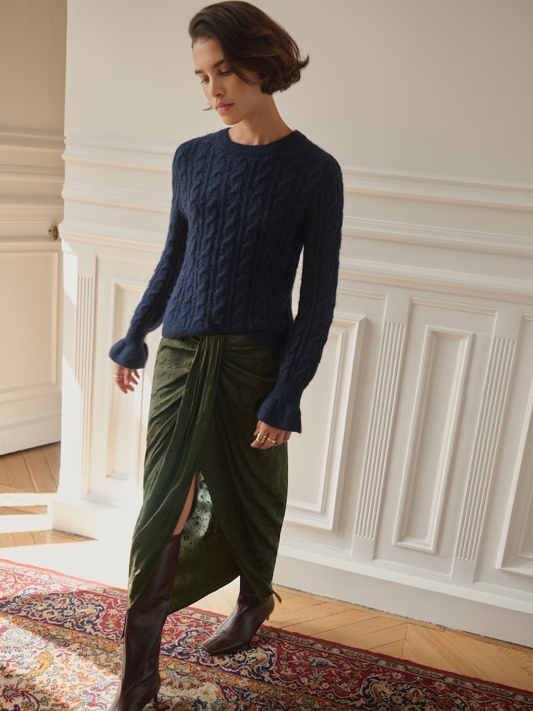 BHOEM Khaki Green Satin Jacquard Midi Draped Skirt With Knot Detail - Image 2 of 5 BHOEM Khaki Green Satin Jacquard Midi Draped Skirt With Knot Detail - Image 2 of 5