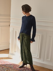 BHOEM Khaki Green Satin Jacquard Midi Draped Skirt With Knot Detail - Image 4 of 5