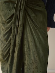 BHOEM Khaki Green Satin Jacquard Midi Draped Skirt With Knot Detail - Image 5 of 5