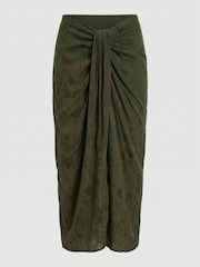 BHOEM Khaki Green Satin Jacquard Midi Draped Skirt With Knot Detail - Image 6 of 6
