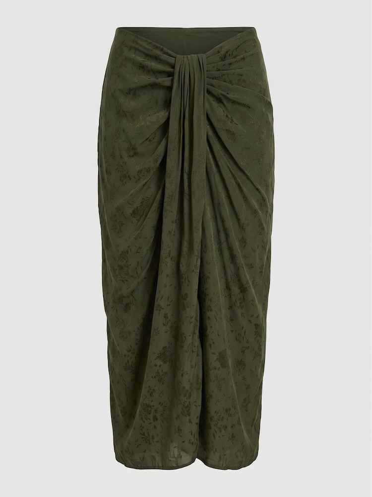 BHOEM Khaki Green Satin Jacquard Midi Draped Skirt With Knot Detail - Image 6 of 6 BHOEM Khaki Green Satin Jacquard Midi Draped Skirt With Knot Detail - Image 6 of 6