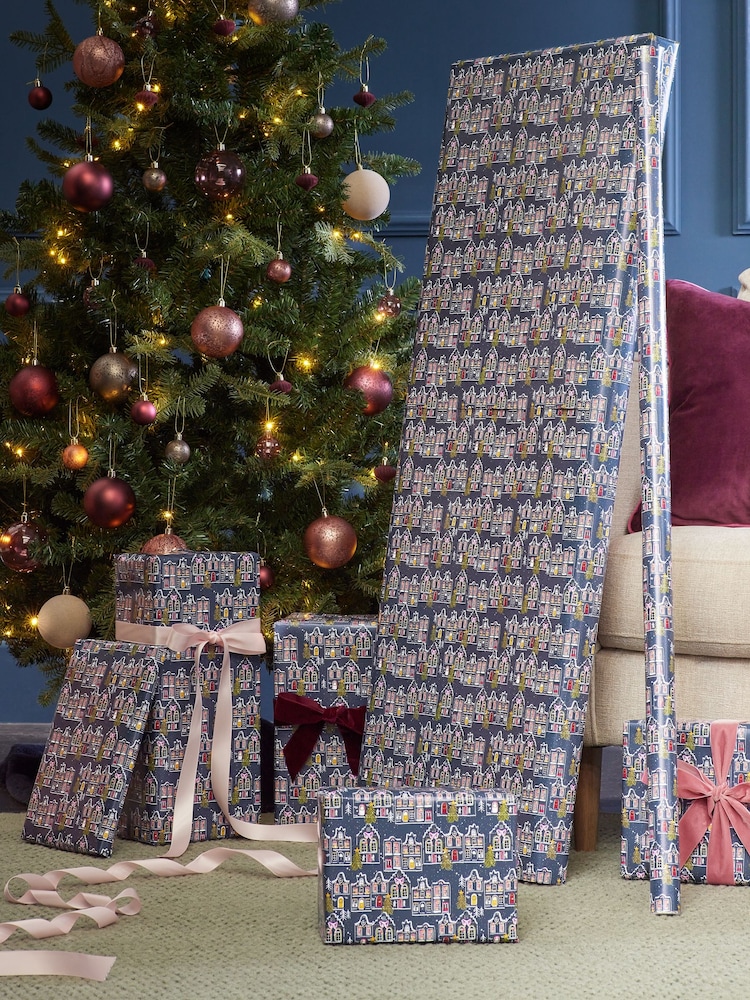 Navy Houses Standard Width, 15m Christmas Wrapping Paper - Image 1 of 4