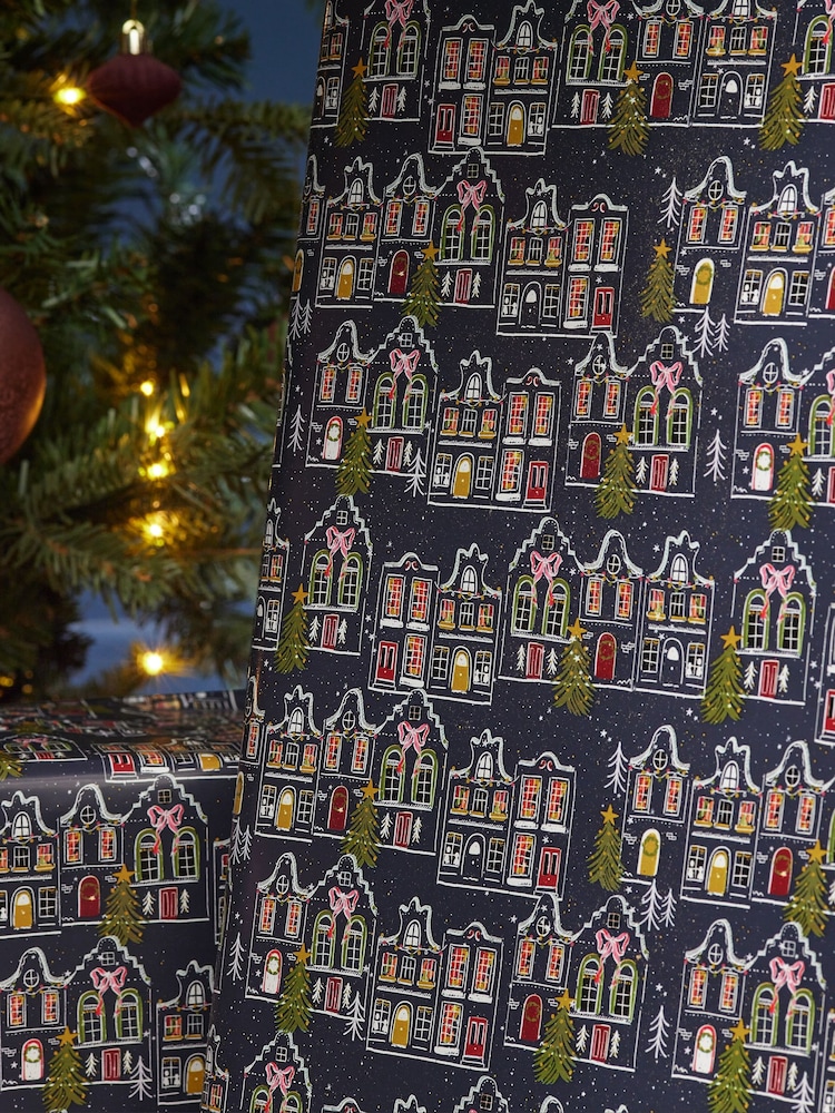 Navy Houses Standard Width, 15m Christmas Wrapping Paper - Image 2 of 4