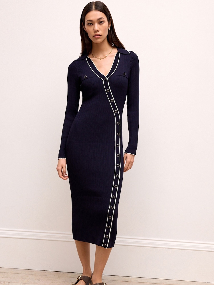 Navy Blue Tipped Long Sleeve Midi Dress - Image 1 of 6 Navy Blue Tipped Long Sleeve Midi Dress - Image 1 of 6
