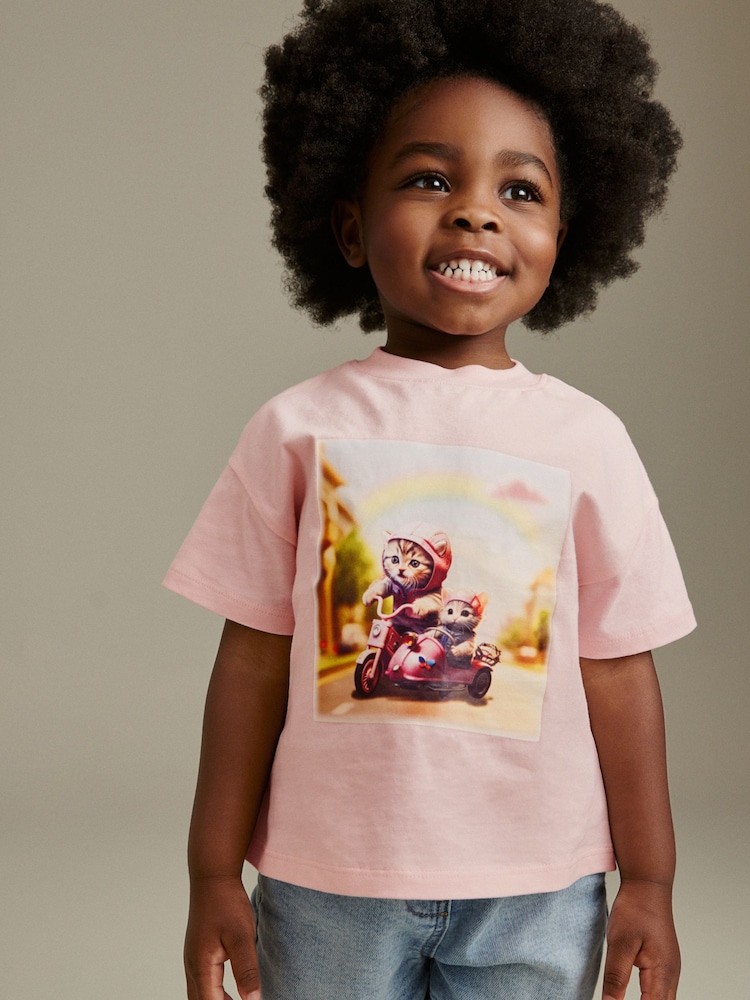 Pink Cats Short Sleeve 100% Cotton T-Shirt (6mths-7yrs) - Image 1 of 6