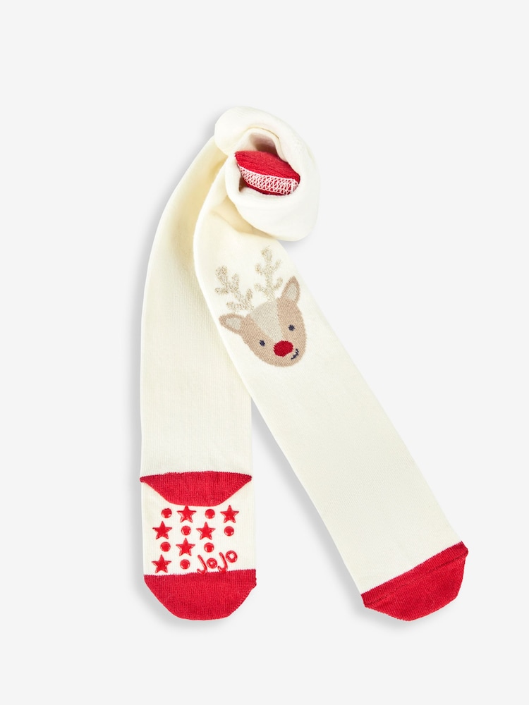 JoJo Maman Bébé Cream Cotton Rich Reindeer Knee Tights - Image 1 of 2