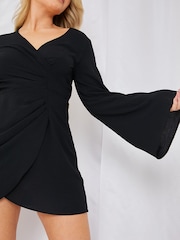 In The Style Black Perrie Sian Satin Wrap Front Mini Dress - Image 5 of 5