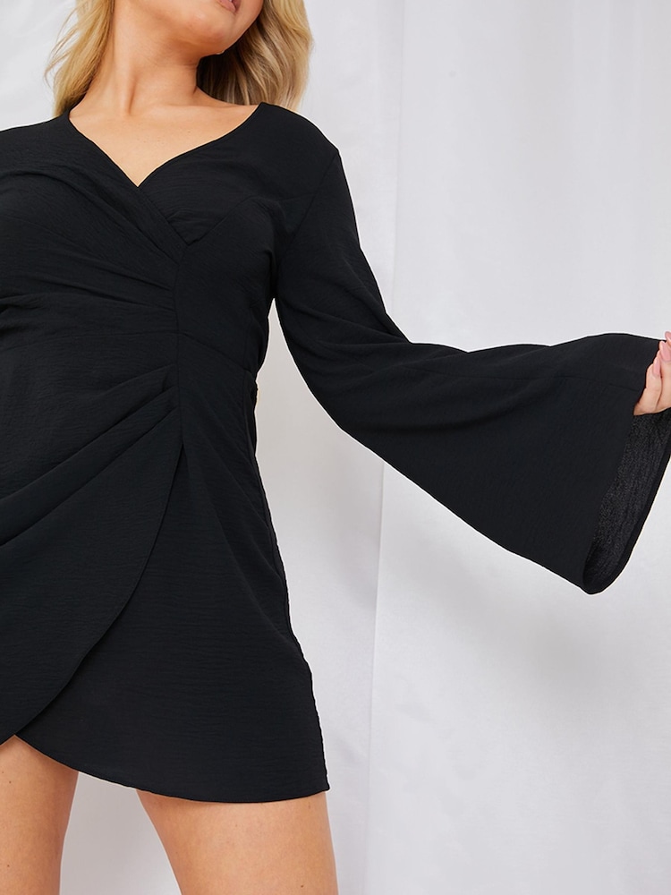 In The Style Black Perrie Sian Satin Wrap Front Mini Dress - Image 5 of 5