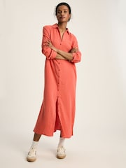 Joules Erica Coral Pink Button Through Cotton Shirt Dress - Image 1 of 8