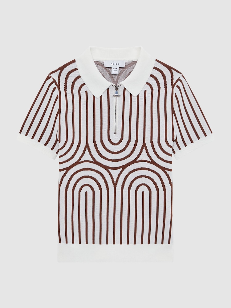 Reiss White/Brown Maycross Senior Half-Zip Striped Polo T-Shirt - Image 2 of 7