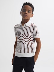 Reiss White/Brown Maycross Senior Half-Zip Striped Polo T-Shirt - Image 3 of 7